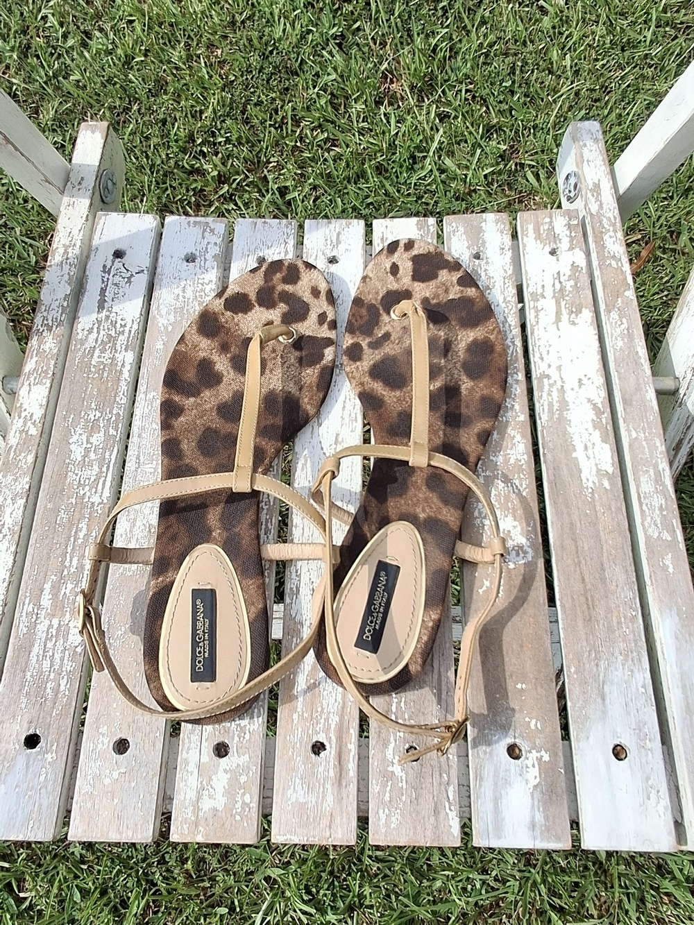 Dolce & Gabbana Leopard Print T-Strap Sandals with Beige Straps